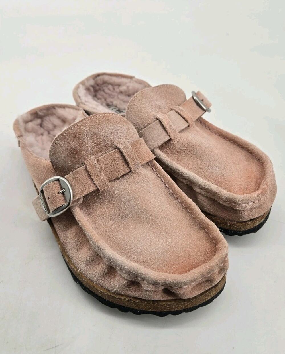 Birkenstock Buckley Pink Clay Shearling Suede Clog Mule Buckle Slip-On Sz 40 / 9